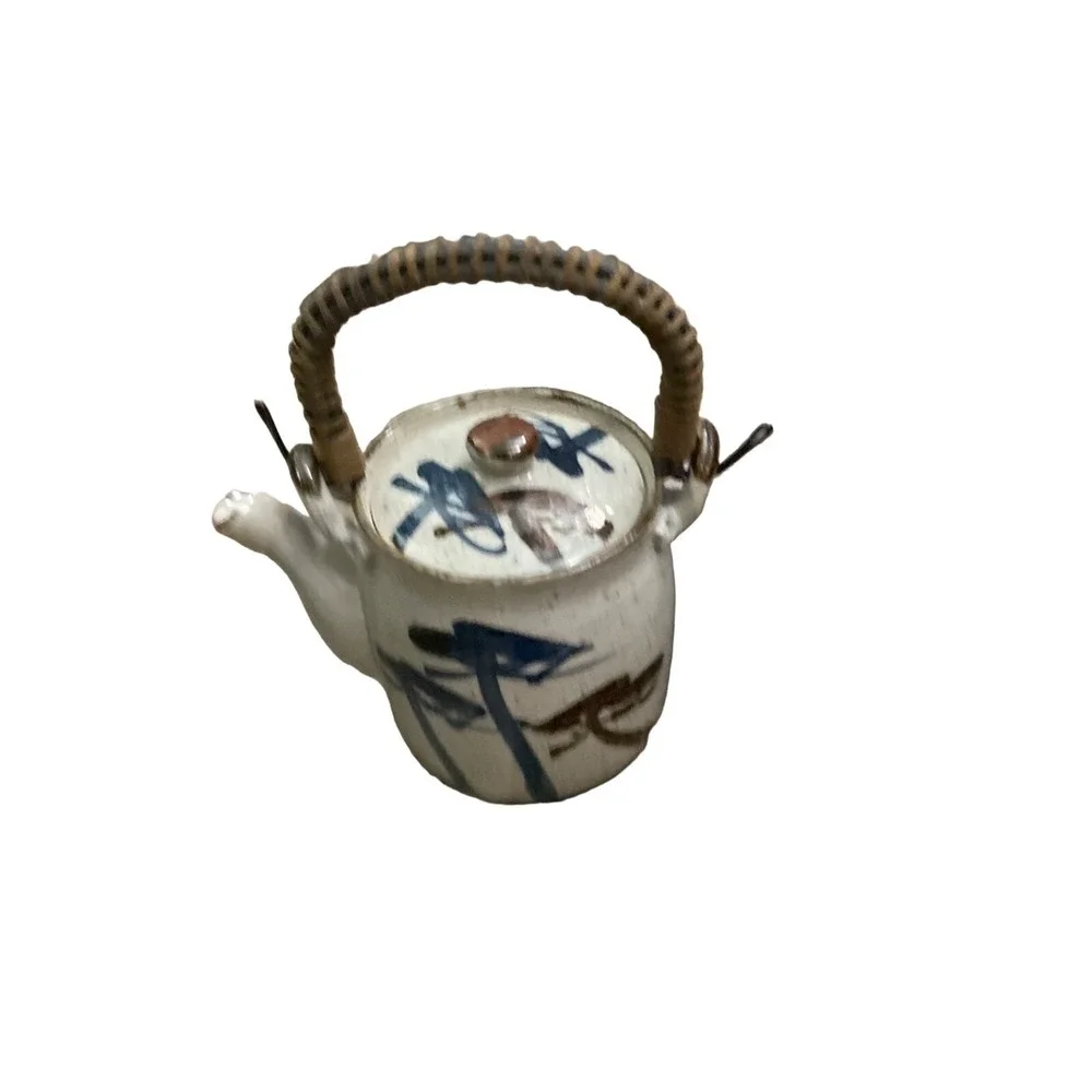 Vintage Ceramic Teapot Rattan Handle Japanese Inspired Blue Brown‎ Design